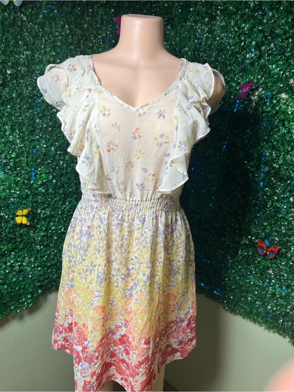 LC Lauren Conrad Cream Mini Dress with Yellow, Red, Blue Floral Ombre